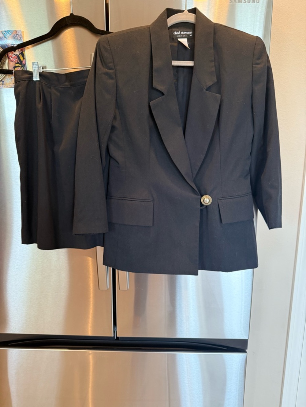 Vintage Chad Stevens Black Skirt Suit Set Made In USA Power Blazer Minimalist